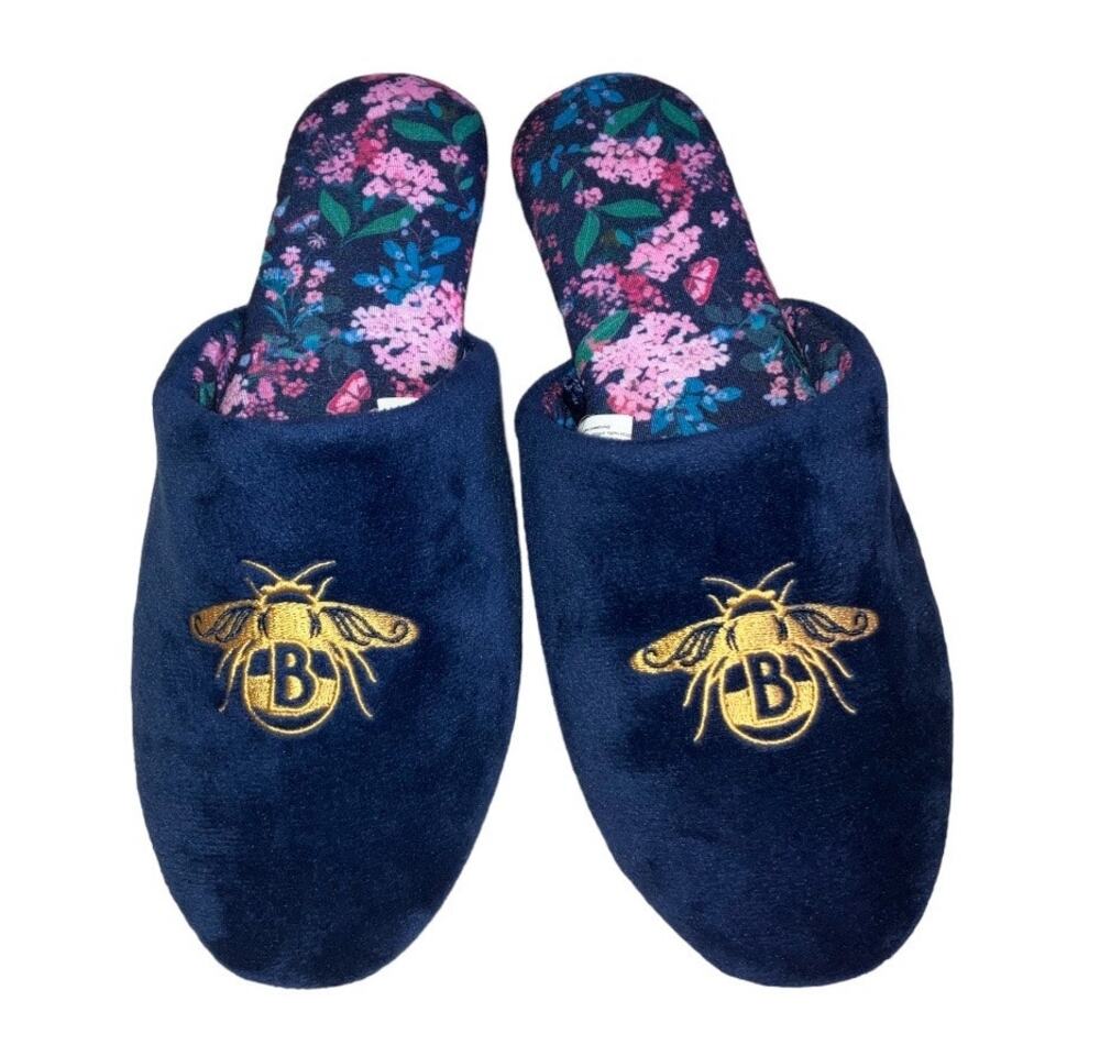 Bridgerton Netflix Enchanting Navy Blue Gold Bee Floral Slippers Size 11